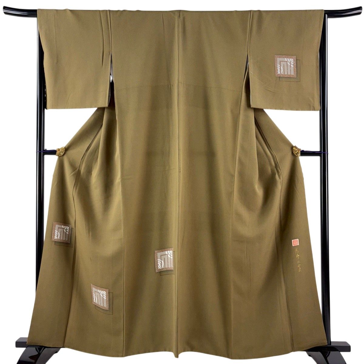 【美品】 付下げ 身丈160.5cm 裄丈67cm M 袷 落款 源氏香 渦巻き 茶緑色 正絹 秀品 【中古】
