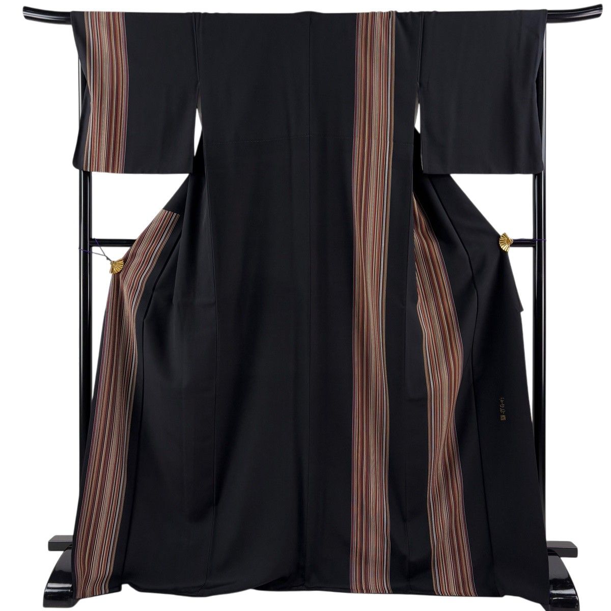 付下げ 身丈170cm 裄丈69cm L 袷 落款 縞 黒 正絹 秀品 【中古】