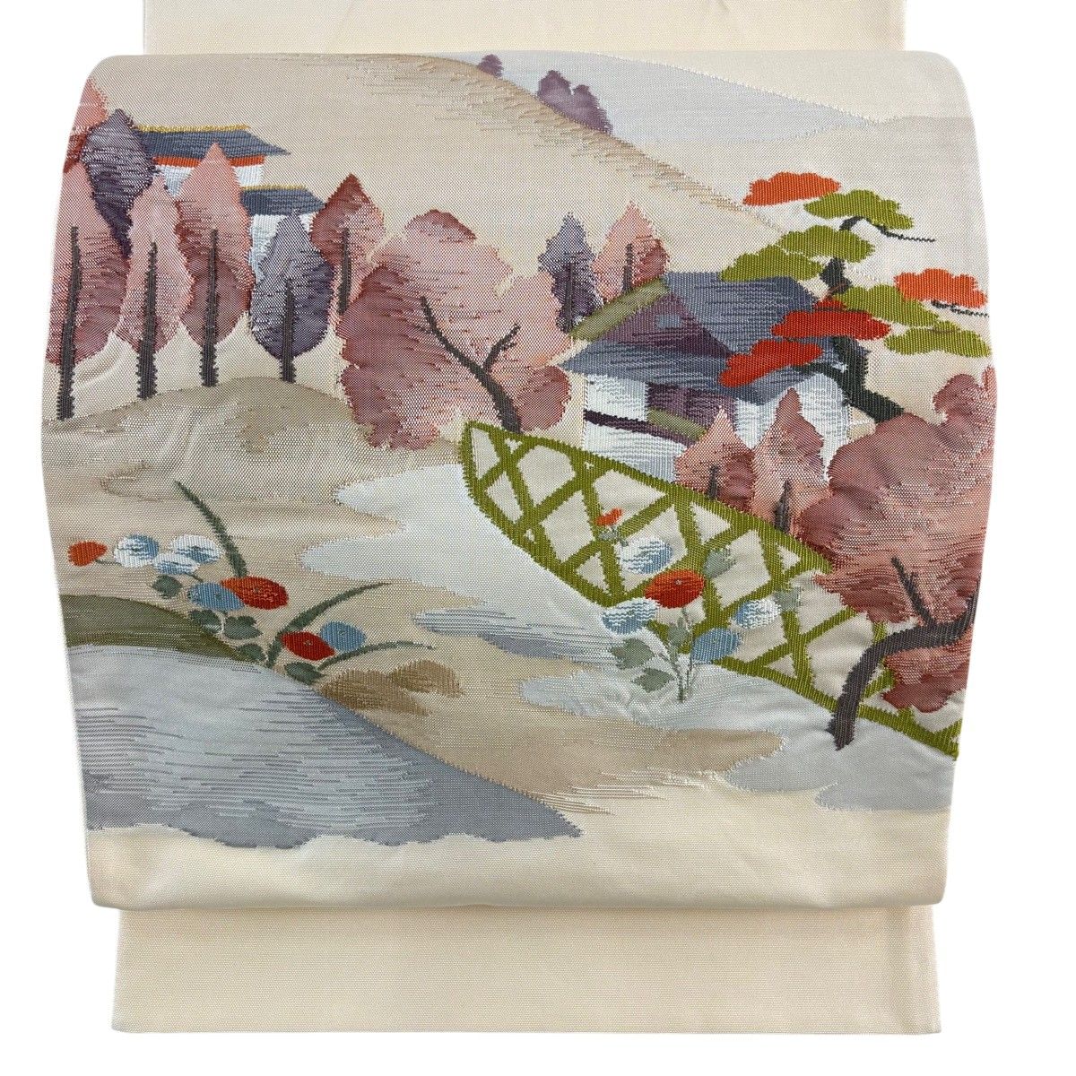 袋帯 秀品 風景 建物 金糸 ベージュ お太鼓柄 正絹 【中古】
