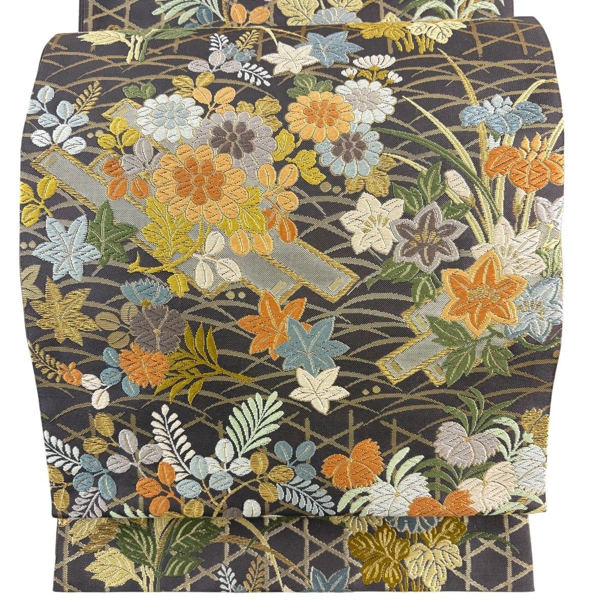 【美品】 袋帯 秀品 花筏 露芝 唐織 箔 灰茶 六通 正絹 【中古】