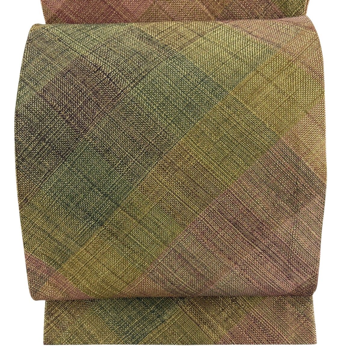 【美品】 袋帯 秀品 斜縞 幾何学模様 金糸 茶緑色 全通 正絹 【中古】