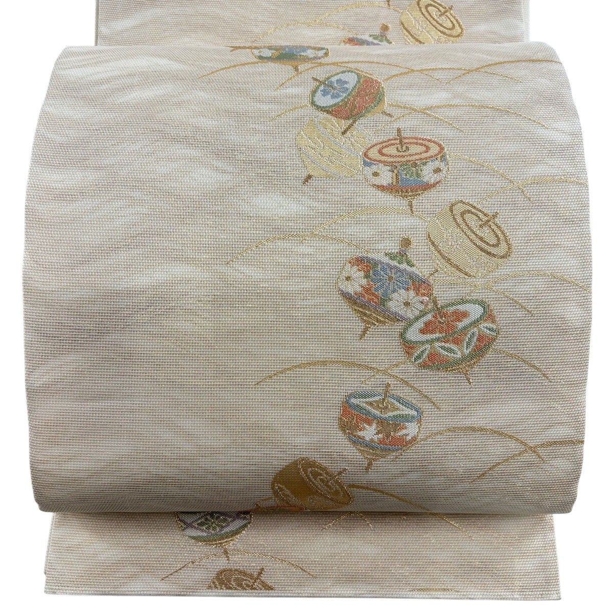 【美品】 袋帯 秀品 夏帯 関西仕立て 独楽 芝 箔 金糸 ベージュ 六通 正絹 【中古】