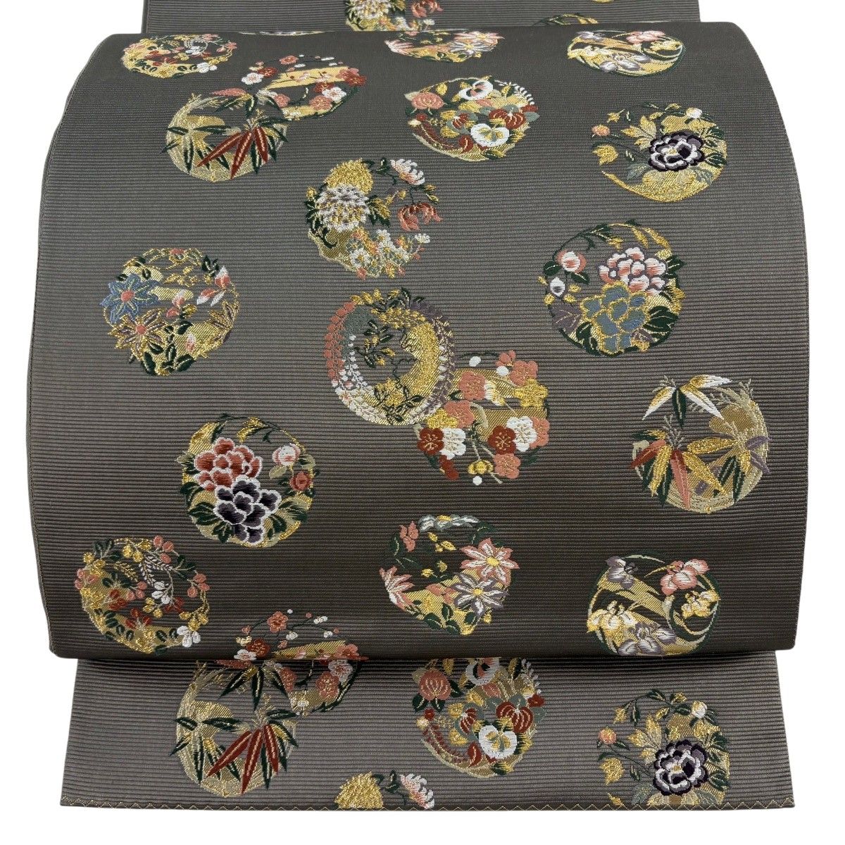 【美品】 袋帯 秀品 花丸文 梅 金糸 箔 鶯色 六通 正絹 【中古】