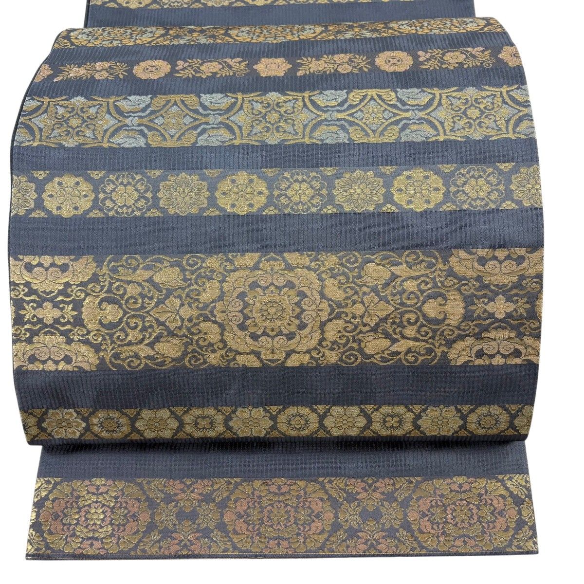 【美品】 袋帯 秀品 華文 天平錦間道 箔 灰色 お太鼓柄 正絹 【中古】