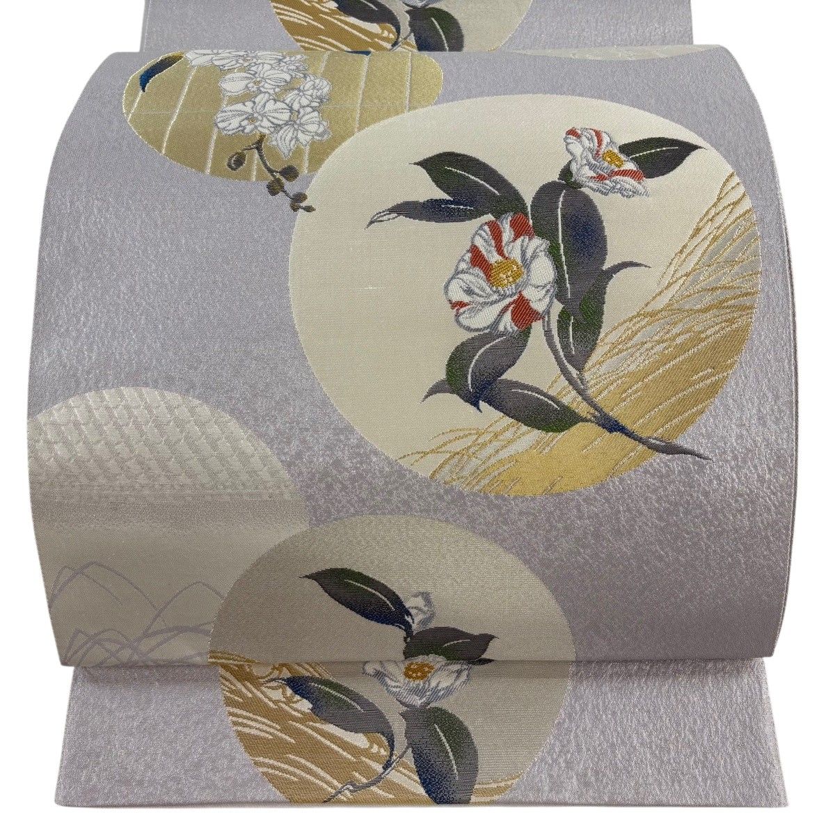 【美品】 袋帯 秀品 枝花 丸文 金銀糸 箔 灰色 六通 正絹 【中古】