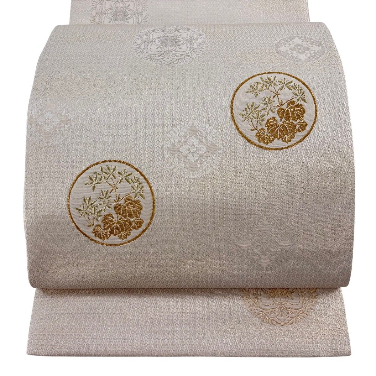 【美品】 袋帯 秀品 丸文 草花 金糸 箔 ピンクベージュ お太鼓柄 正絹 【中古】