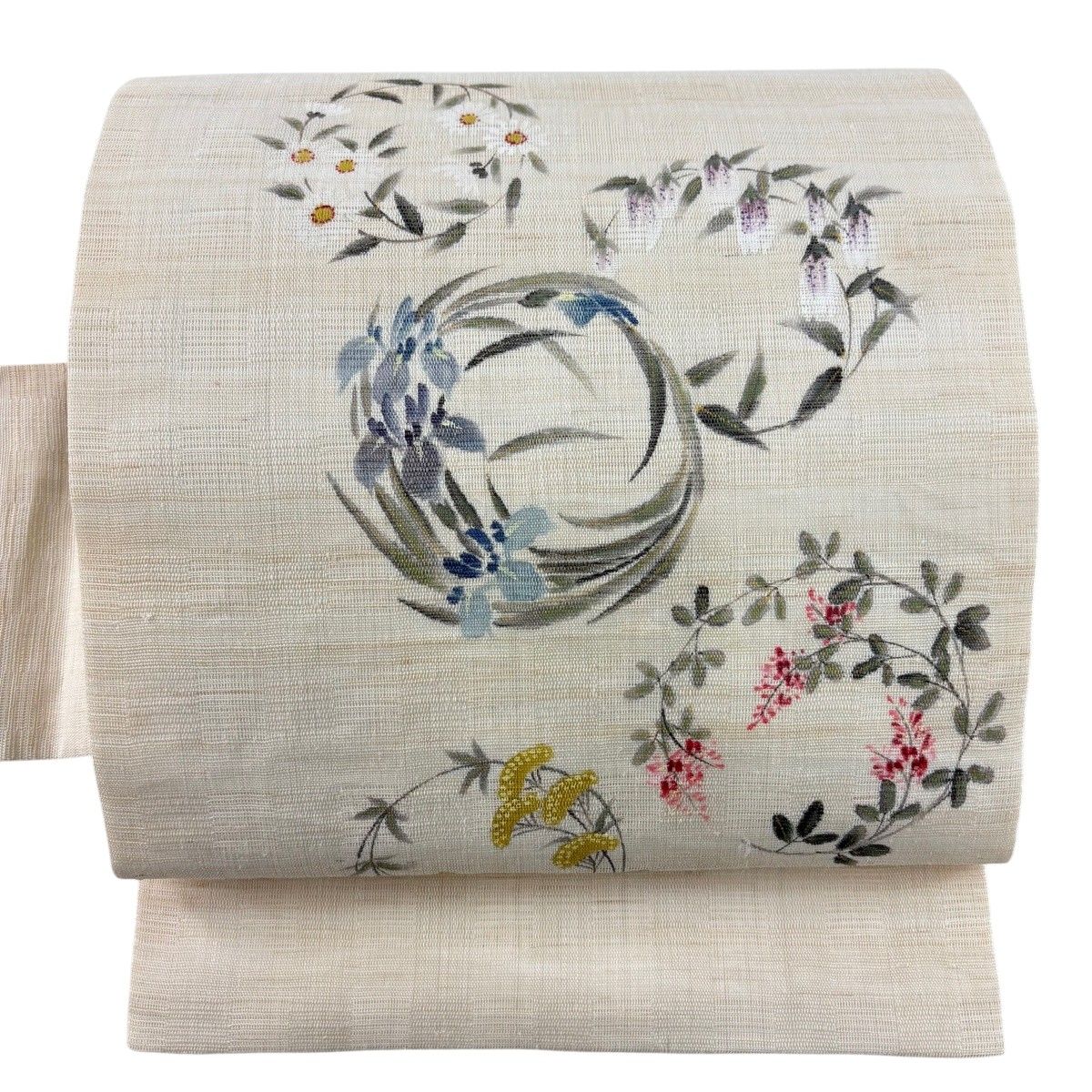 名古屋帯 秀品 落款 夏帯 花丸文 クリーム 正絹 【中古】
