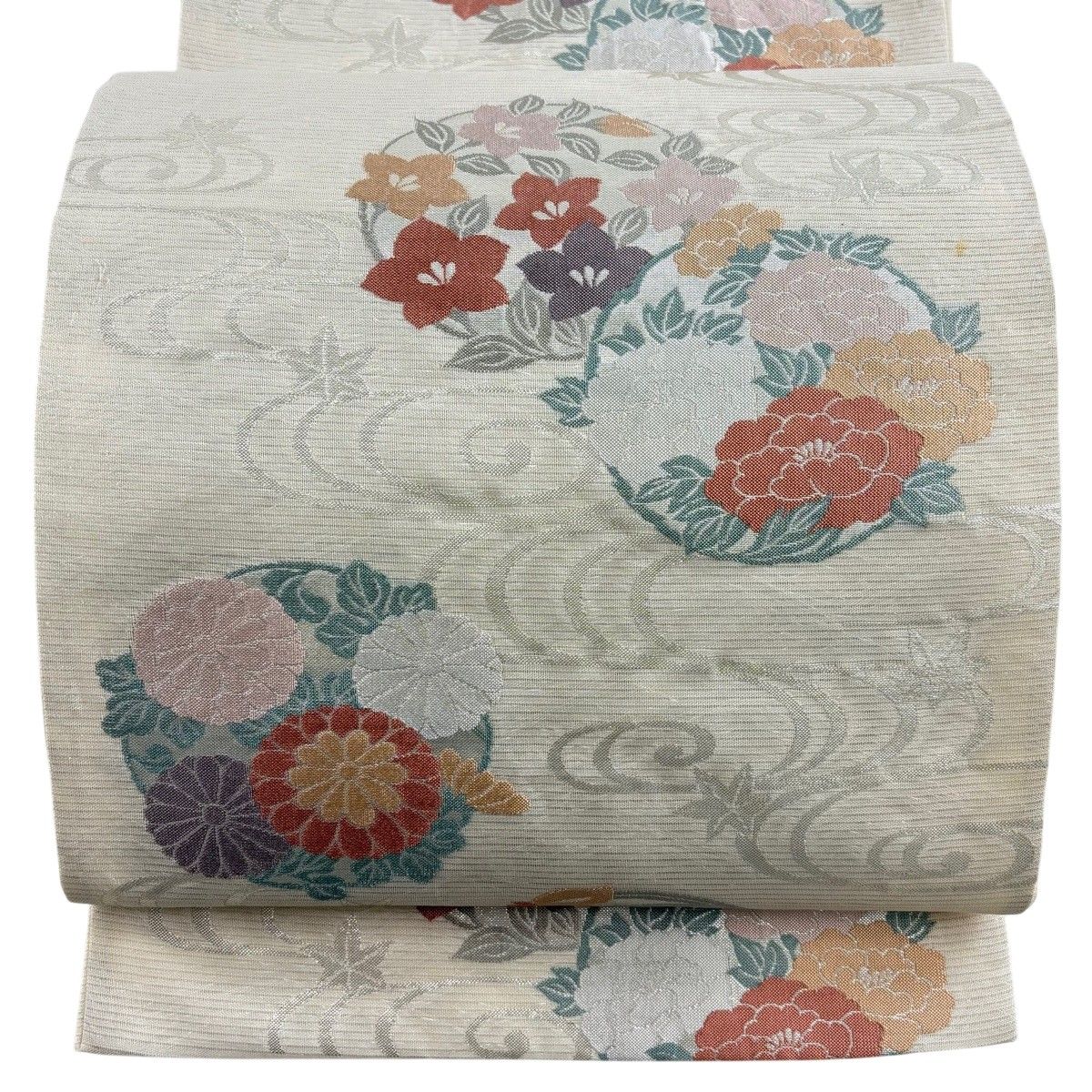 袋帯 秀品 夏帯 絽 花丸文 流水 箔 クリーム 六通 正絹 【中古】