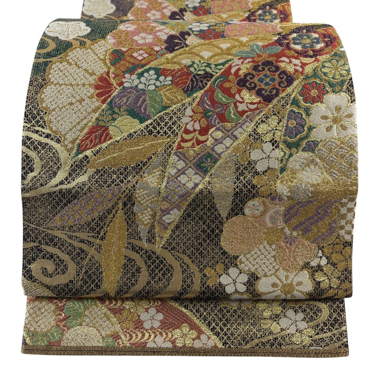【美品】 袋帯 秀品 関西仕立て 小袖花華文 金銀糸 箔 金色 六通 正絹 【中古】