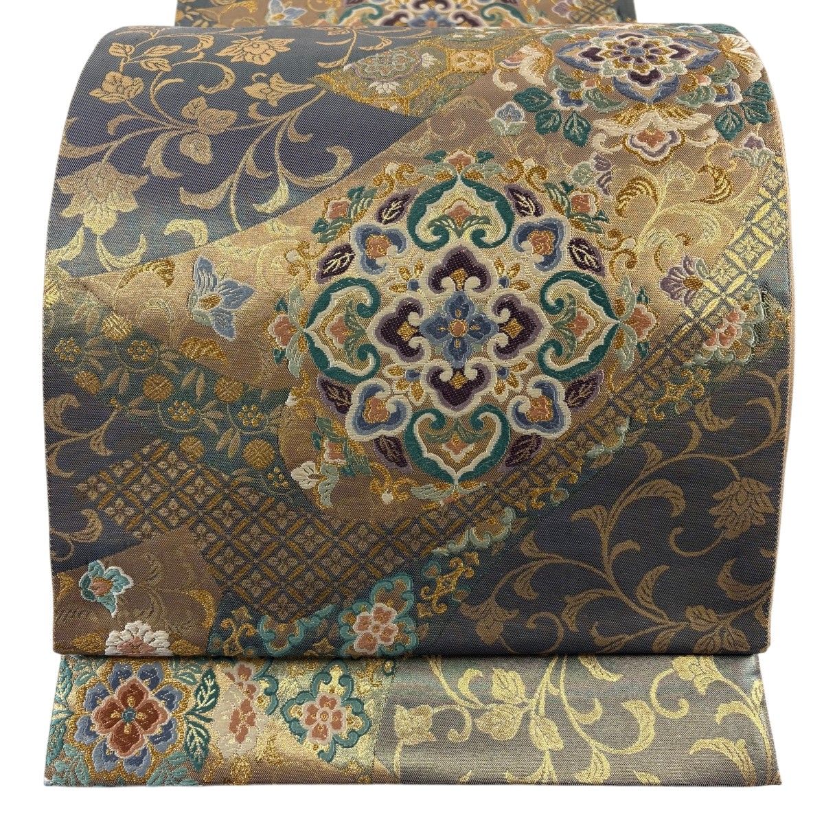 【美品】 袋帯 秀品 燁宴 華文 花唐草 金糸 箔 灰緑 六通 正絹 【中古】