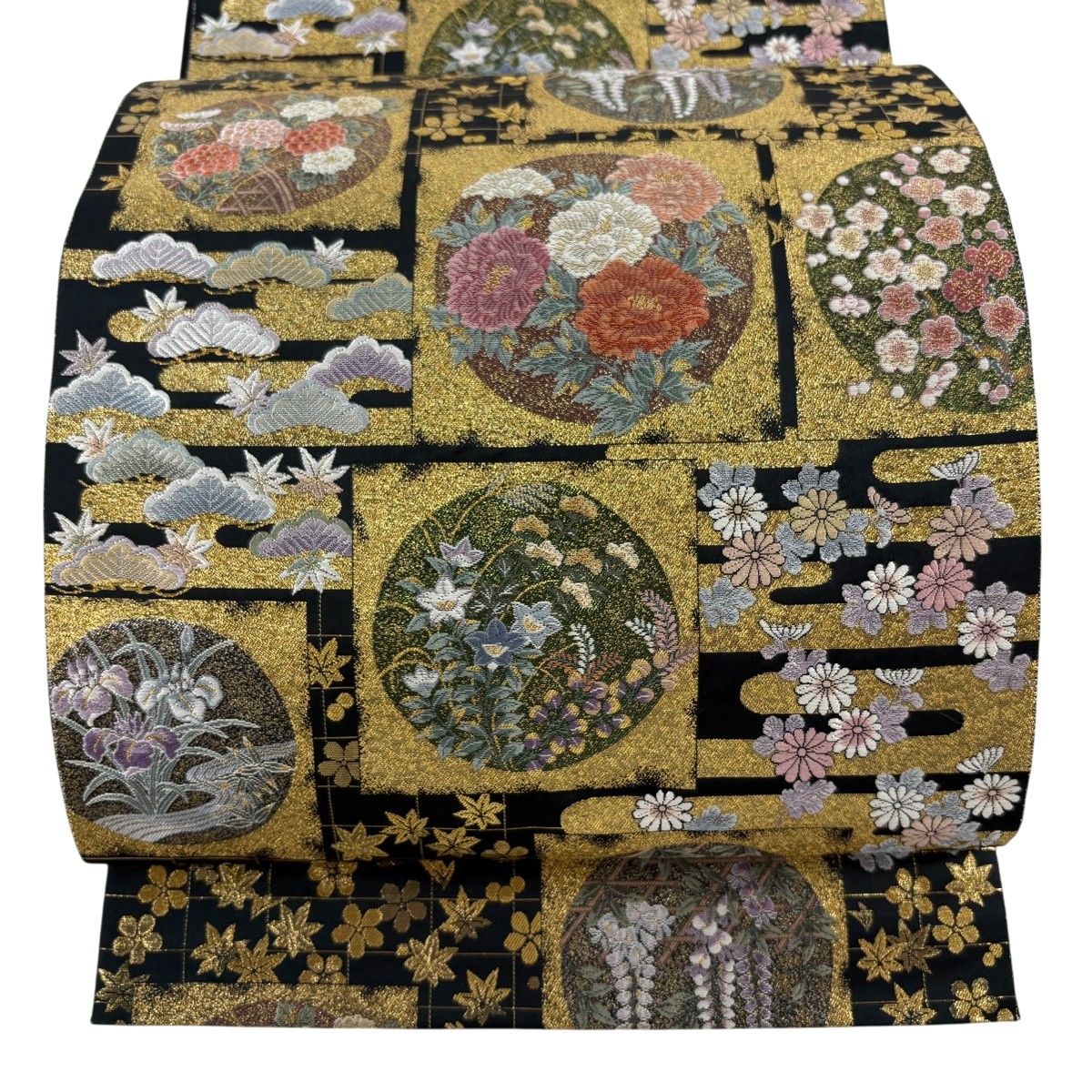 袋帯 秀品 丸文 草花 箔 黒 六通 正絹 【中古】