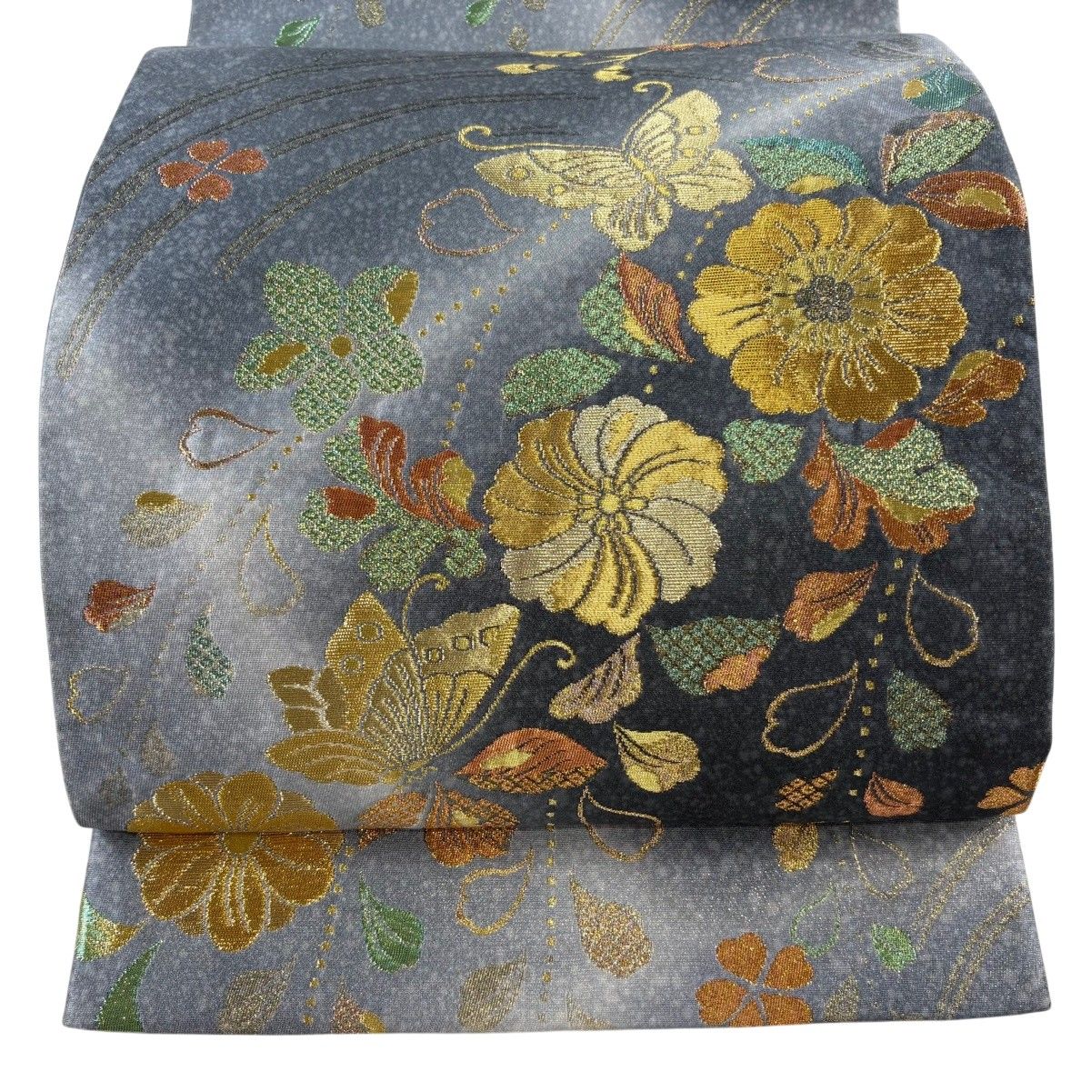 【美品】 袋帯 秀品 蝶 草花 箔 灰色 六通 正絹 【中古】