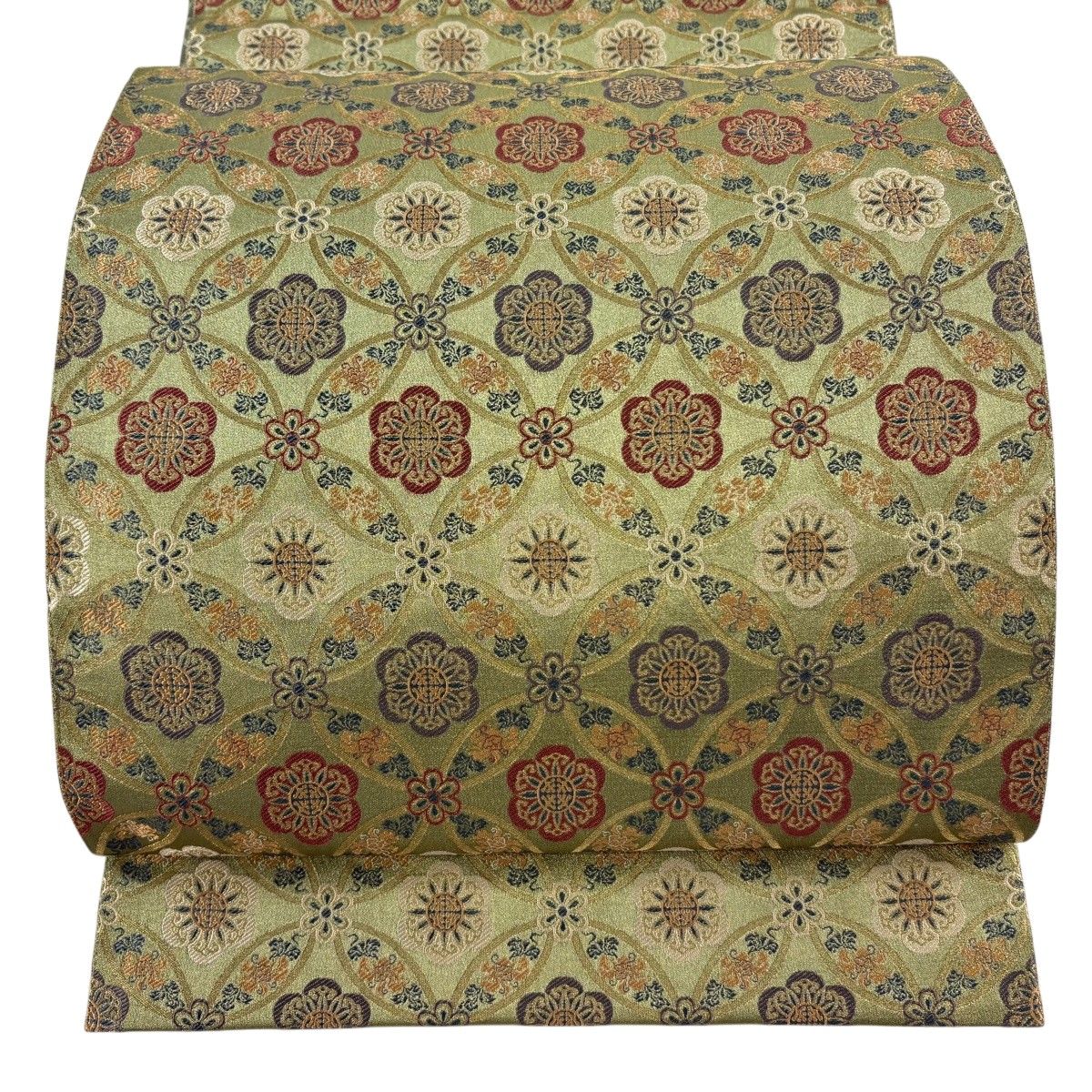 袋帯 秀品 七宝 花 金糸 よもぎ色 全通 正絹 【中古】