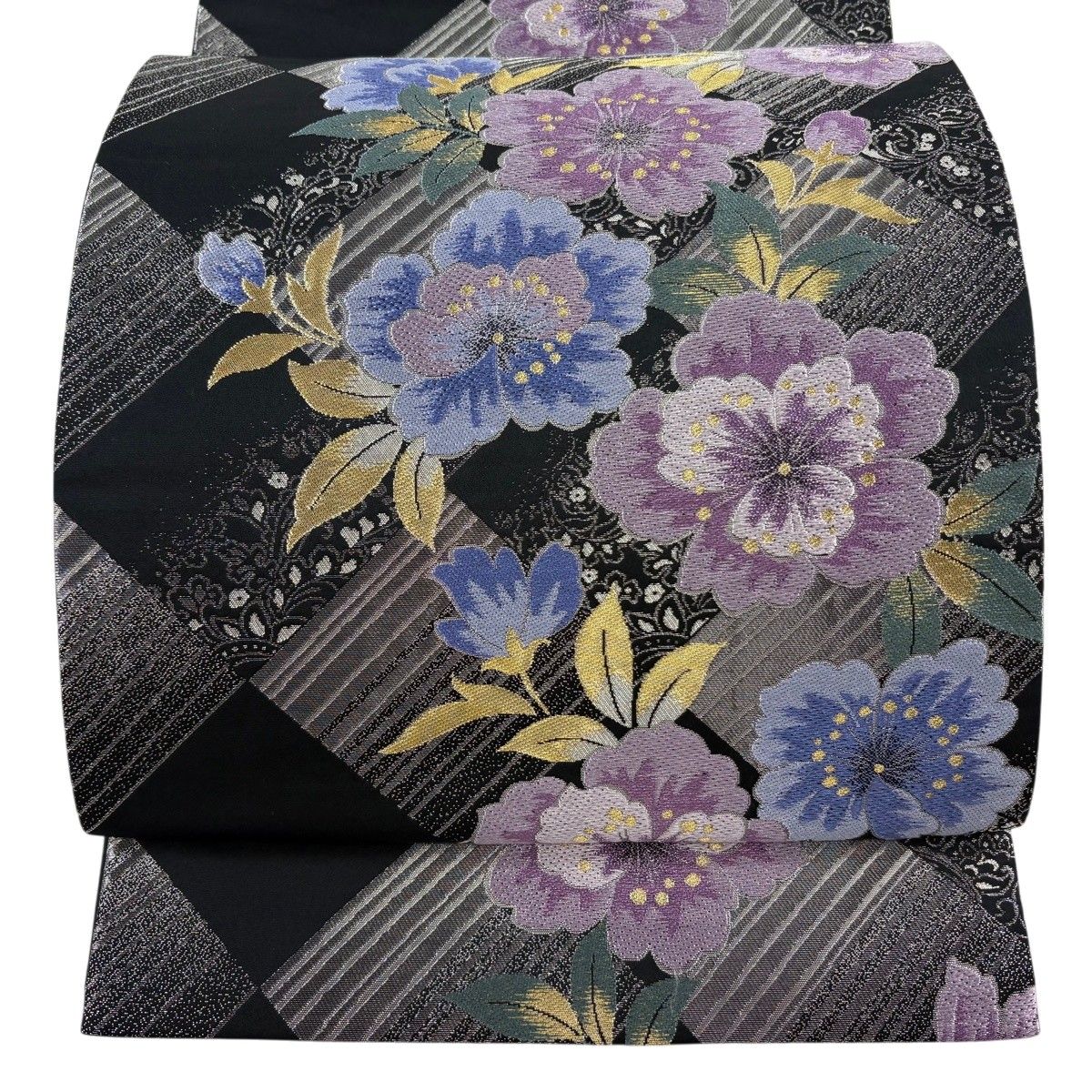 【美品】 袋帯 秀品 草花 斜縞 金銀糸 箔 黒 六通 正絹 【中古】