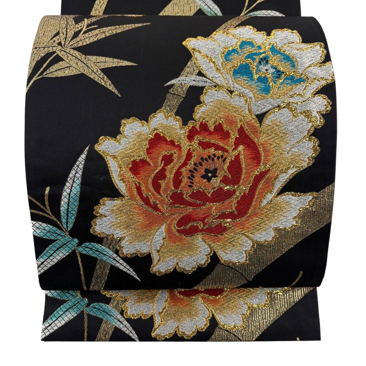 【美品】 袋帯 秀品 牡丹 竹 刺繍 金銀糸 黒 六通 正絹 【中古】