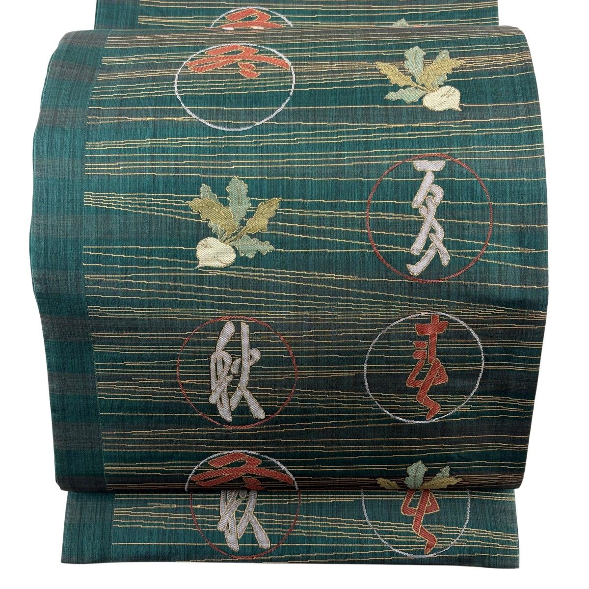 【美品】 袋帯 秀品 紬地 かぶ 文字文 深緑 六通 正絹 【中古】