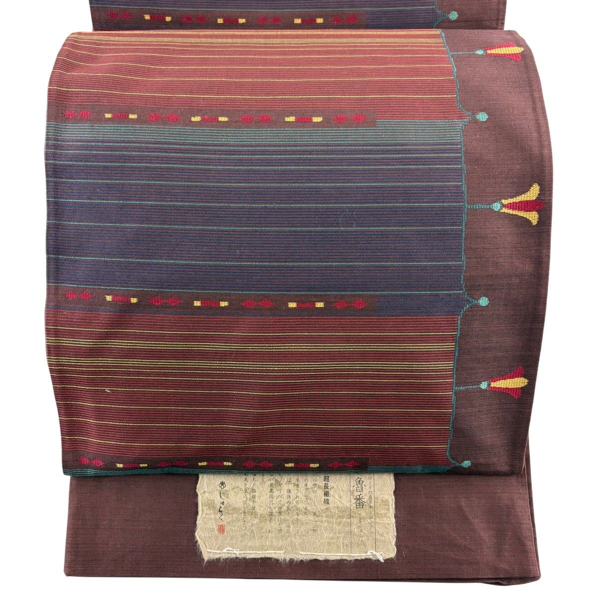 【美品】 袋帯 秀品 証紙 縞 幾何学模様 金糸 えんじ色 六通 正絹 【中古】 6,600円