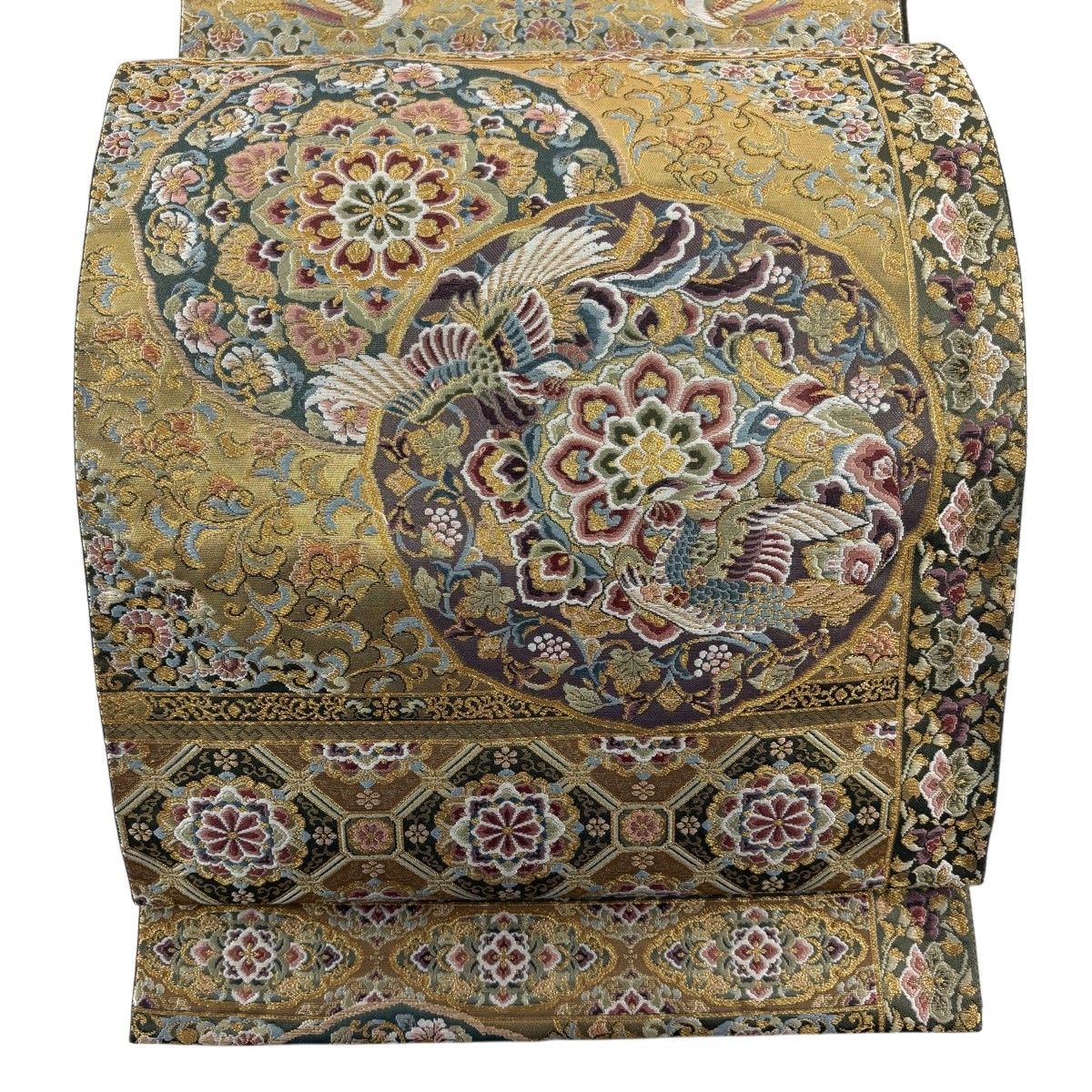 【美品】 袋帯 秀品 華文 鳳凰 刺繍 箔 金色 六通 正絹 【中古】