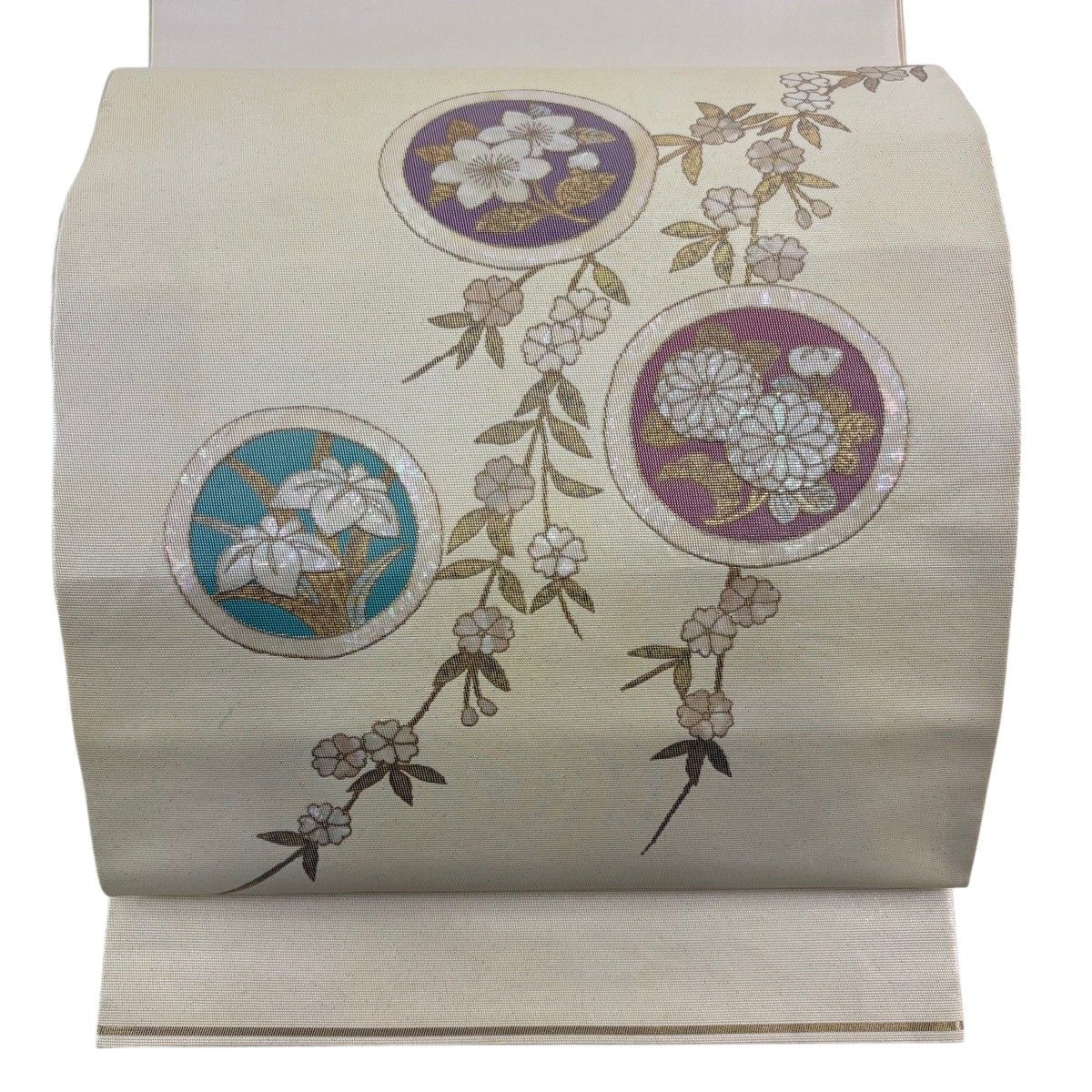 袋帯 秀品 丸文 草花 螺鈿箔 金彩 ベージュ お太鼓柄 正絹 【中古】