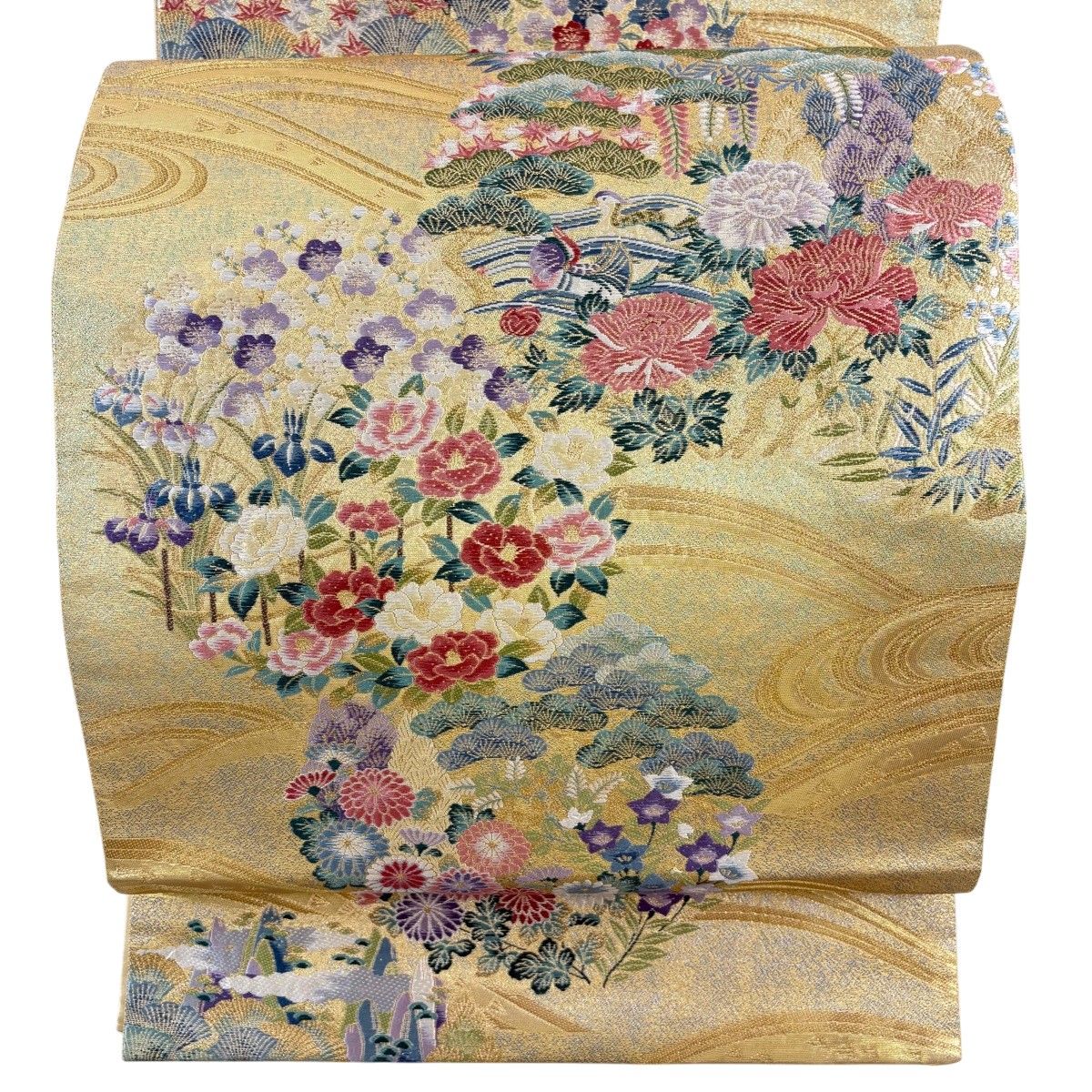 【美品】 袋帯 秀品 鴛鴦 草花 刺繍 箔 金色 六通 正絹 【中古】