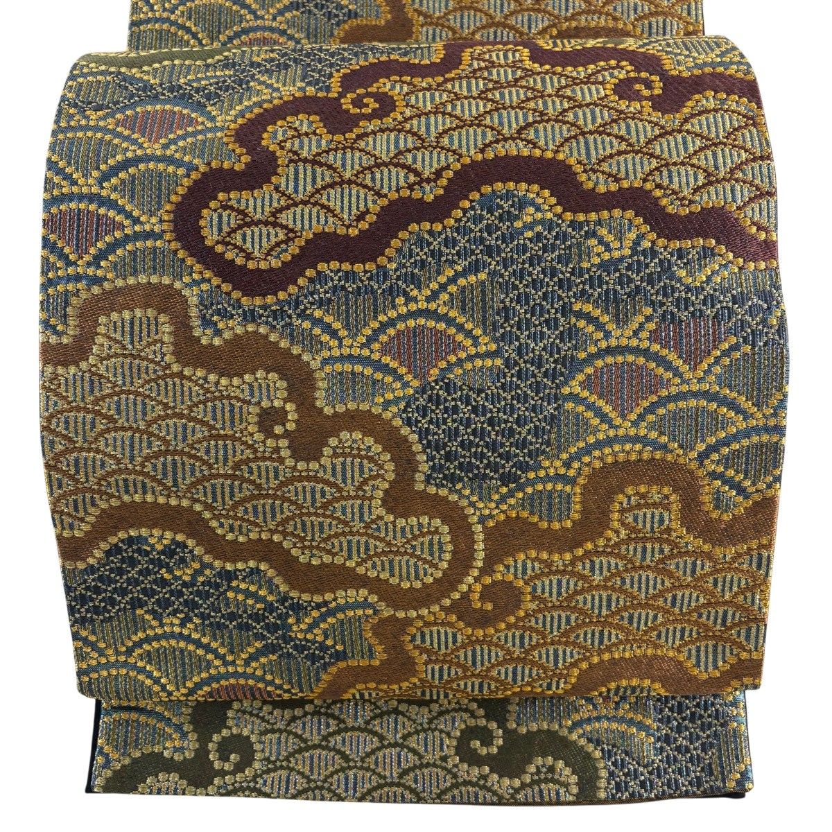 【美品】 袋帯 秀品 青海波 幾何学模様 金糸 刺繍 青 六通 正絹 【中古】