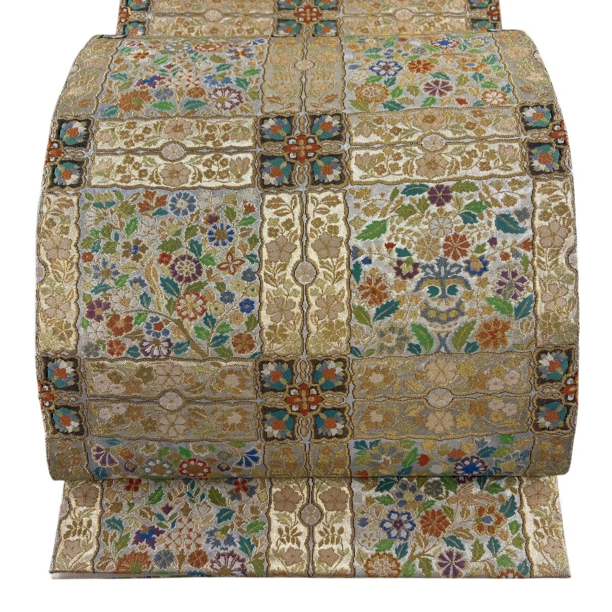 袋帯 秀品 花鳥 格子 金糸 箔 金色 六通 正絹 【中古】
