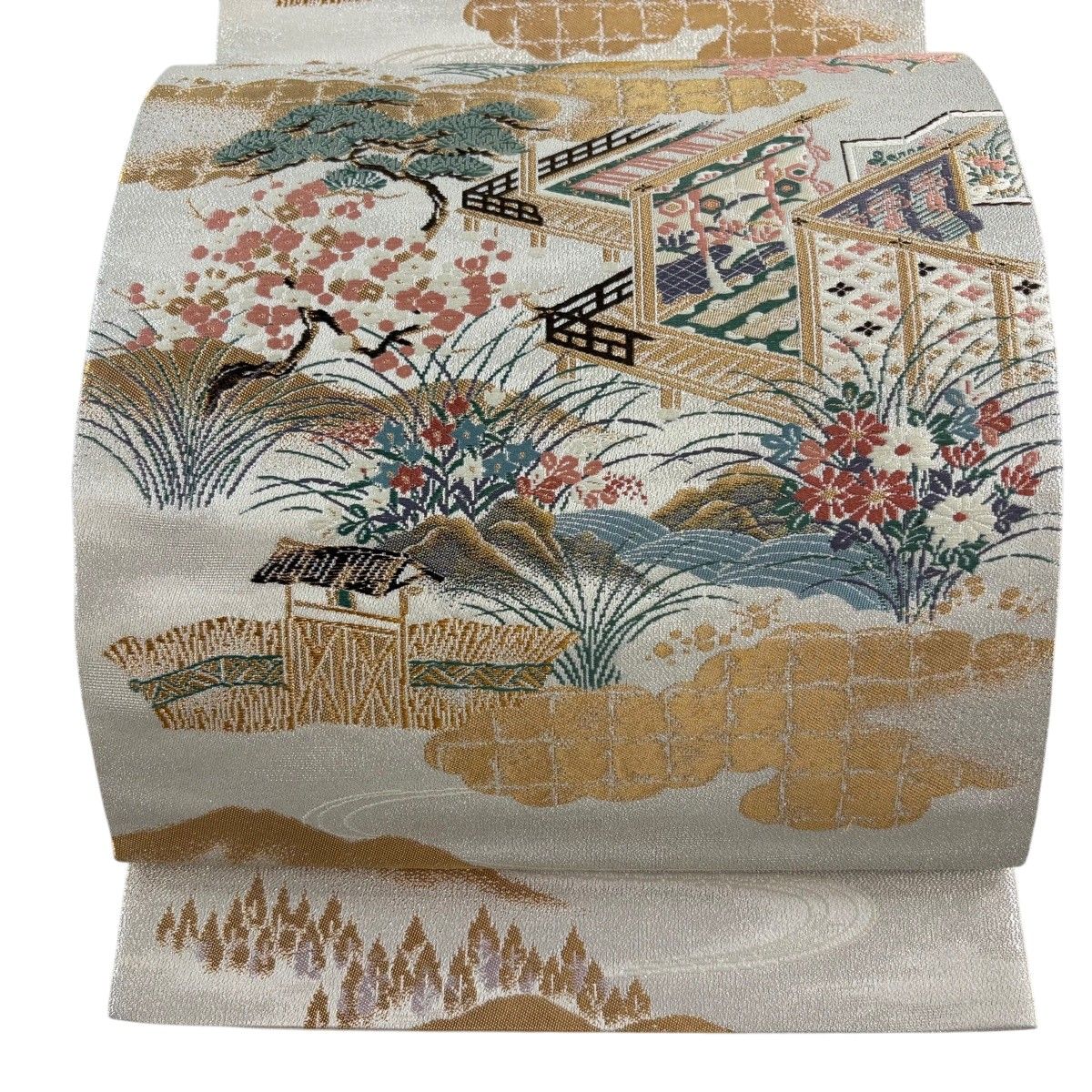 【美品】 袋帯 秀品 風景 草花 金銀糸 箔 銀色 六通 正絹 【中古】