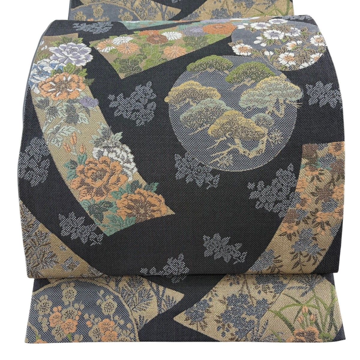 【美品】 袋帯 秀品 蒔絵の美 短冊 草花 箔 灰色 六通 正絹 【中古】