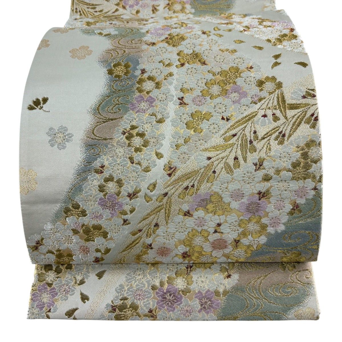 袋帯 秀品 桜 観世水 金糸 唐織 灰茶 六通 正絹 【中古】