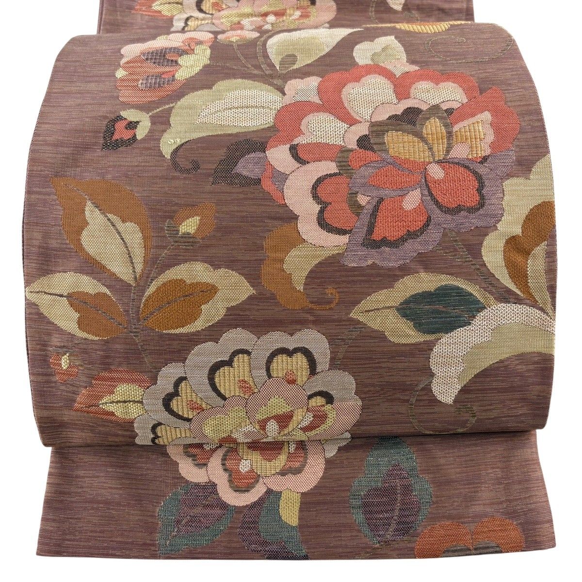 【美品】 袋帯 秀品 草花 金糸 箔 小豆色 六通 正絹 【中古】
