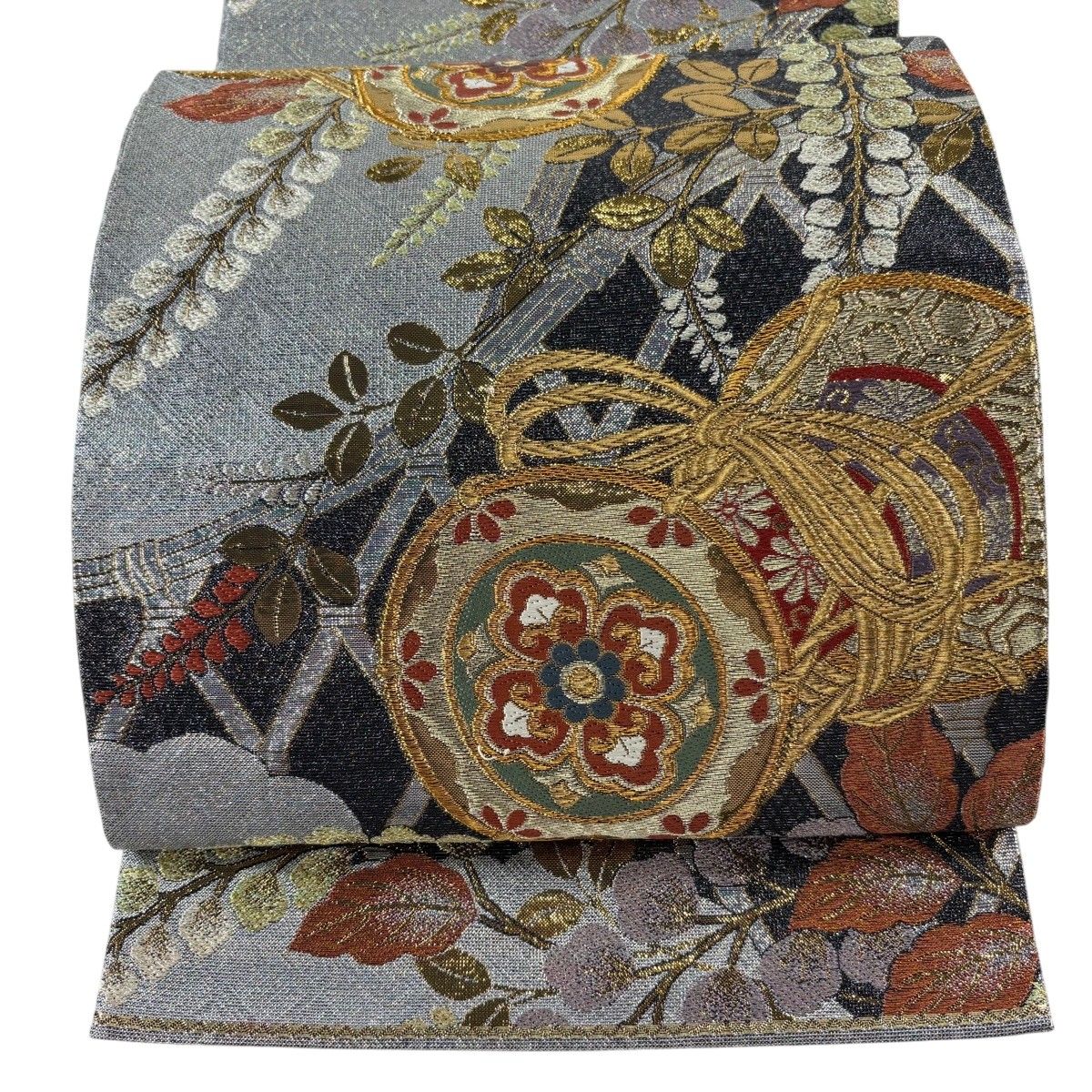 【美品】 袋帯 秀品 鼓 藤 金糸 箔 青灰色 六通 正絹 【中古】