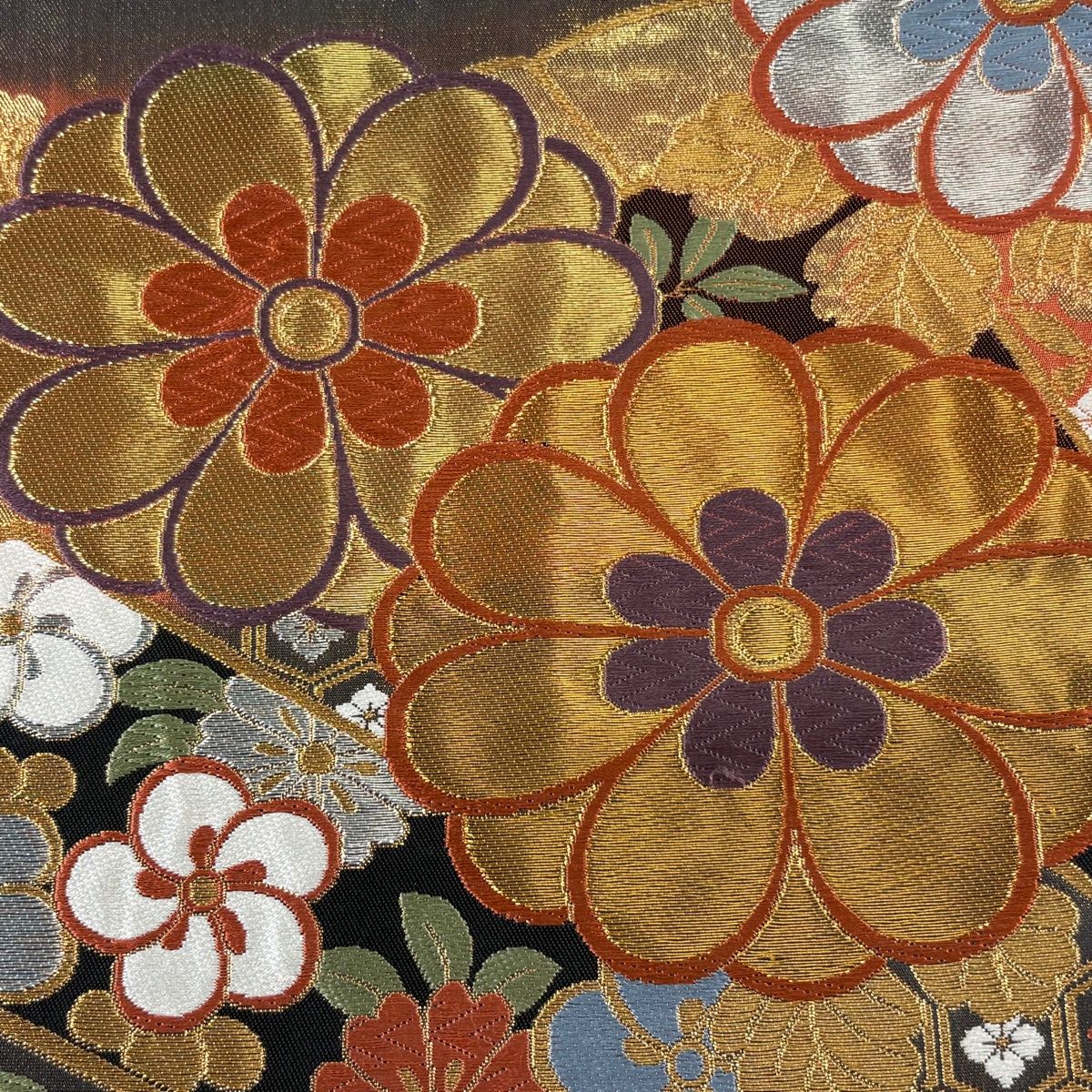 美品】 袋帯 秀品 振袖向き 梅 桜 金糸 箔 金茶 六通 正絹 【中古
