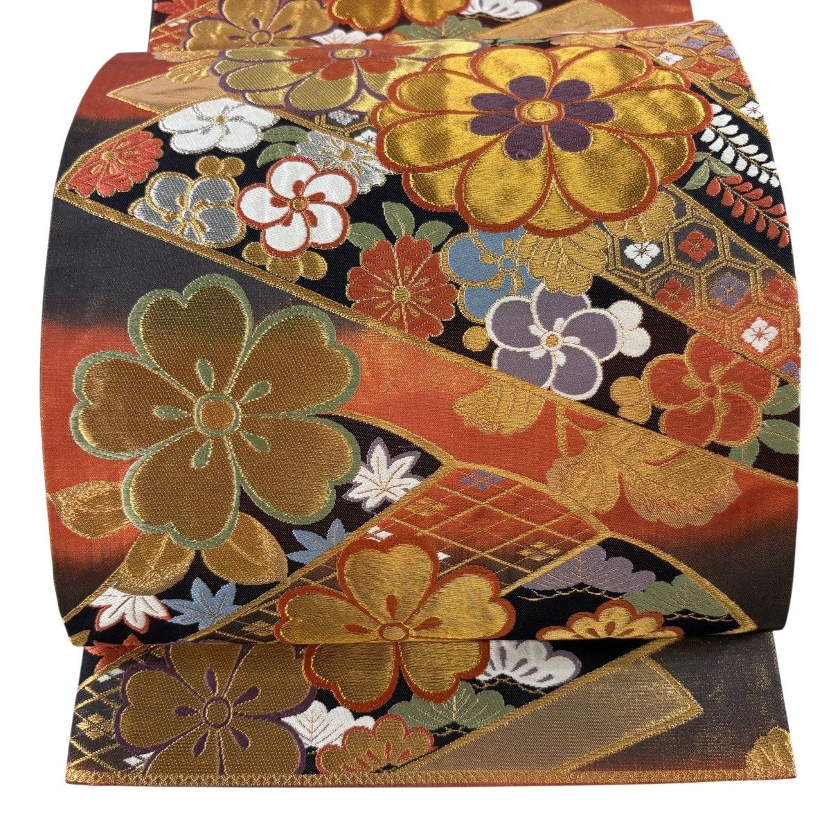 美品】 袋帯 秀品 振袖向き 梅 桜 金糸 箔 金茶 六通 正絹 【中古