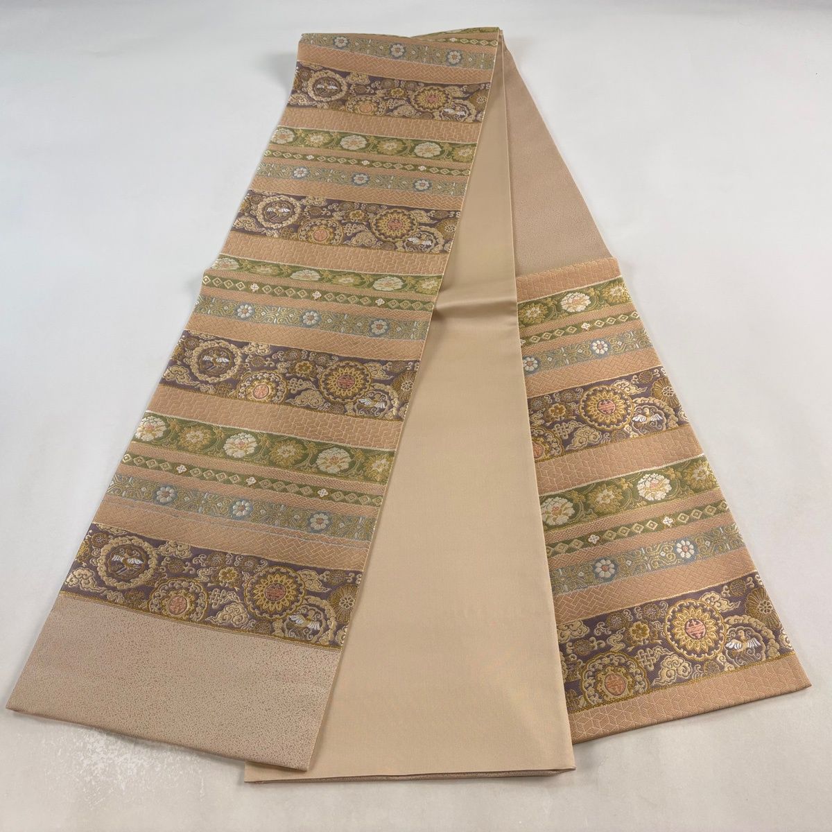 美品】 袋帯 秀品 花唐草 華文 ピンクベージュ 六通 正絹 【中古