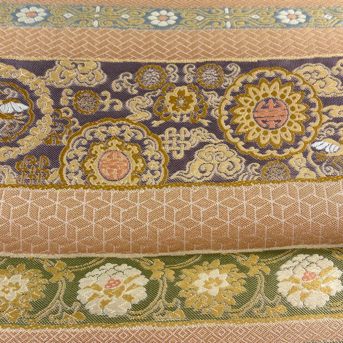美品】 袋帯 秀品 花唐草 華文 ピンクベージュ 六通 正絹 【中古