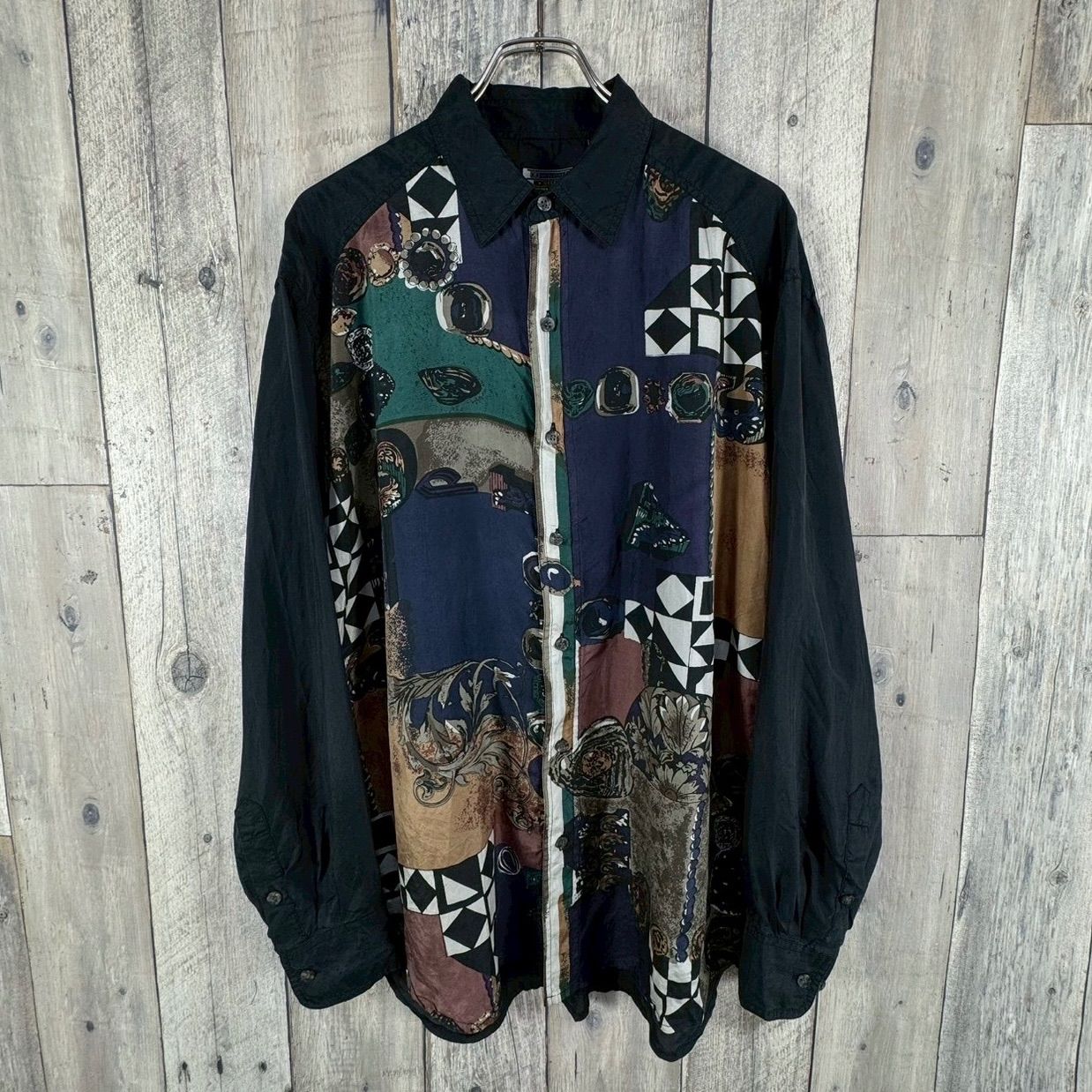 ORIGINAL SILKS STONE 90s オリジナル シルク ストーン ブラック SILK 100% アート柄 長袖 シルク ドレス シャツ メンズ M サイズ
