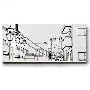 Canvasworks 駅前の街並み ウォールクロック 風景画 壁掛け時計 novelax 能登夫妻 モノクロ モノトーン シンプル アート パネル 47006