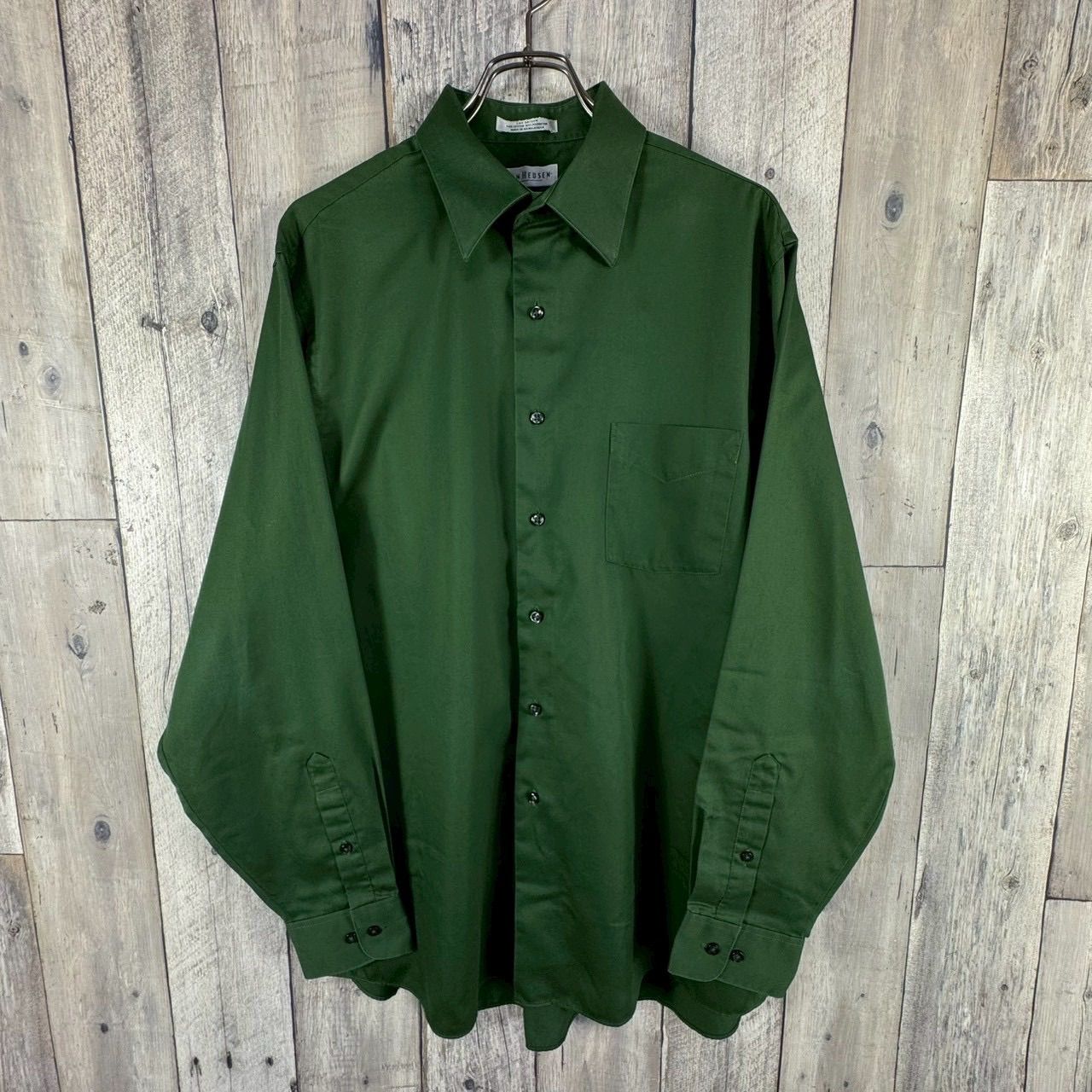 OLD VAN HEUSEN 90s ヴァンヒューゼン グリーン LUX SATEEN 衿芯 襟芯 長袖 ドレス シャツ メンズ L サイズ