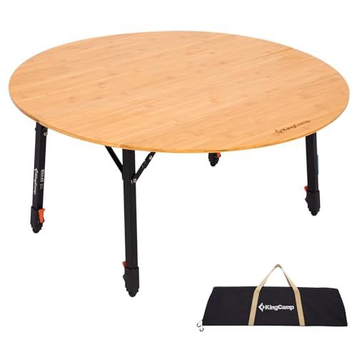 KingCamp 折りたたみテーブル キャンプテーブル 丸型 直径90cm 竹製天板 無段階高さ調整可能 耐荷重80kg 4段折りたたみ コンパクト収納 収納袋付き 3-4人用 アウトドア
