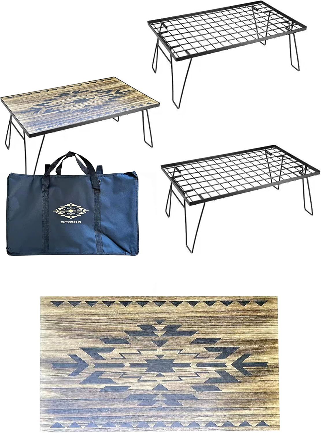 OUTDOORSHIN フィールドラック オルテガ柄 天然木製天板 マルチラック 収納ラック キャンプ アウトドアテーブル 折りたたみ テーブル 黒メッキスチール製 収納ケース付き