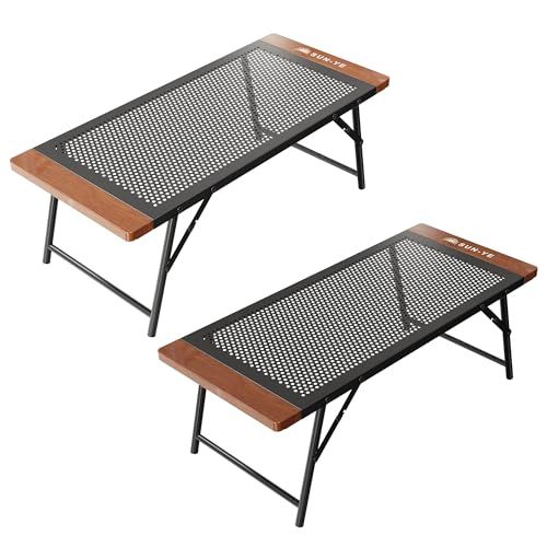 SUN-YE 折り畳み キャンプテーブル アウトドア メッシュデザイン 木製エッジ 焚き火 コンロ置き クーラーボックススタンド対応 専用収納袋一つ付き (ブラック 2個)