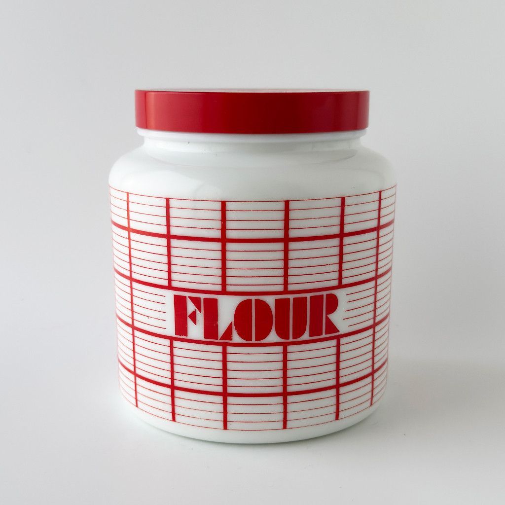 ベルギー ヴィンテージ CLP ミルクガラス キャニスター FLOUR 雑貨 オブジェ 保存容器 小麦粉 ジャー 赤 格子 92974