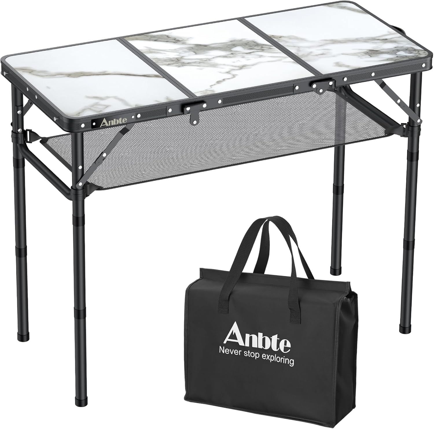 Anbte キャンプテーブル 3段階高さ調節 アルミ製 軽量 30kg耐荷重 収納ネット付 大理石風 コンパクト 折りたたみ アウトドア BBQ ピクニック RV 屋外 屋内 作業デスク
