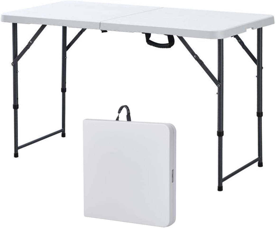 WXYIHU 折りたたみテーブル 122cm 強化プラスチック製 アウトドア キャンプ ピクニック 作業台 耐荷重120kg 軽量 持ち運びハンドル付 室内 屋外 多用途 調整可能 高さ52/72cm