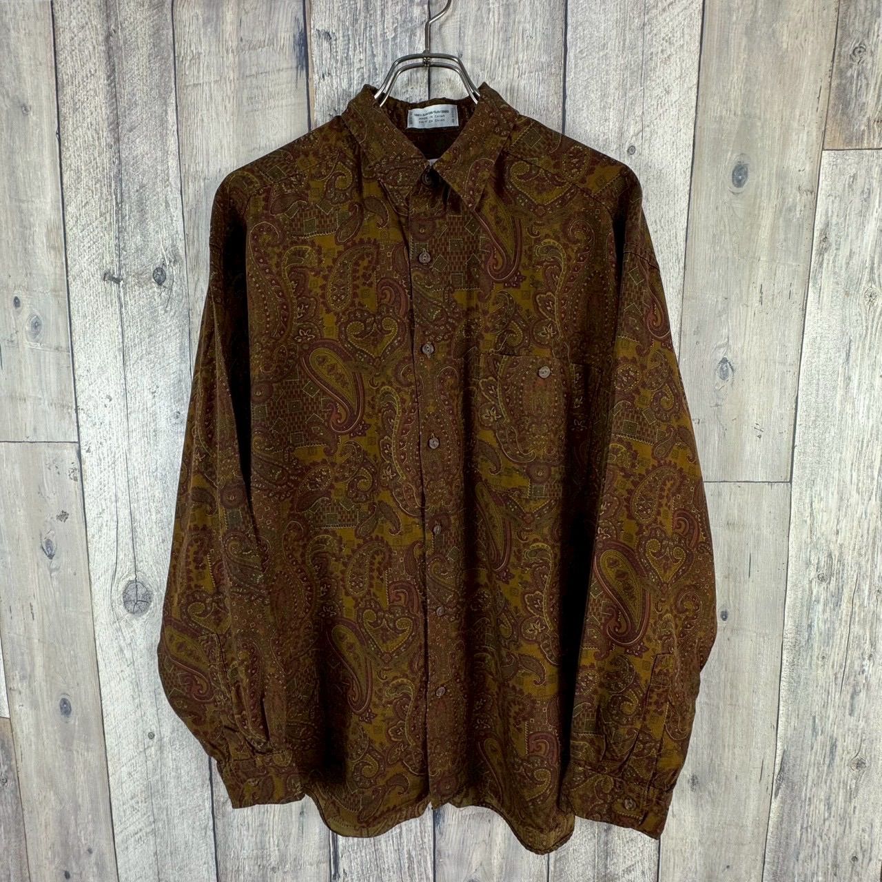 OLD claiborne 90s ヴィンテージ ブラウン 総柄 ペイズリー 長袖 レーヨン ドレス シャツ メンズ M サイズ