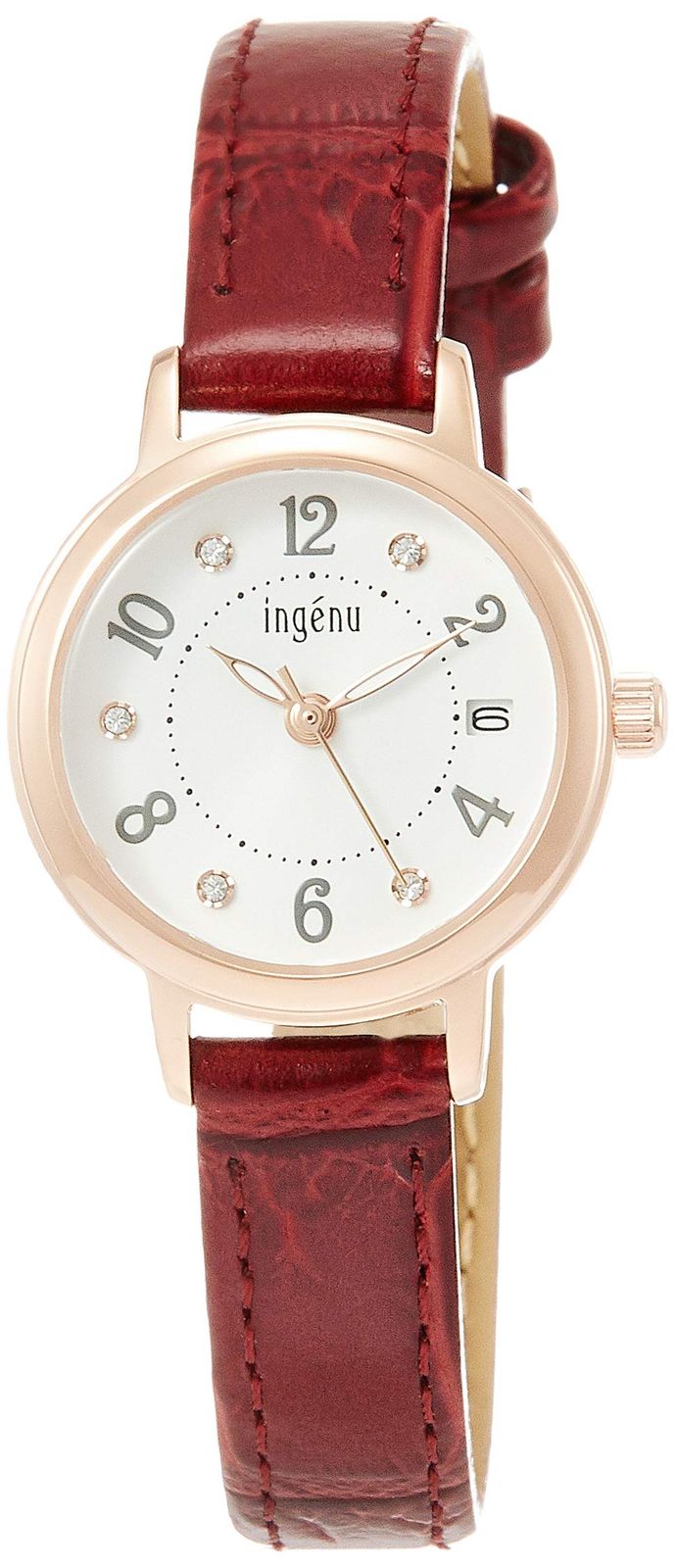 新品 [アンジェーヌ]ingenu 腕時計 ingenu スワロフスキーR付き 白文字盤 こげ茶革バンド カーブ無機ガラス AHJK446 レディース