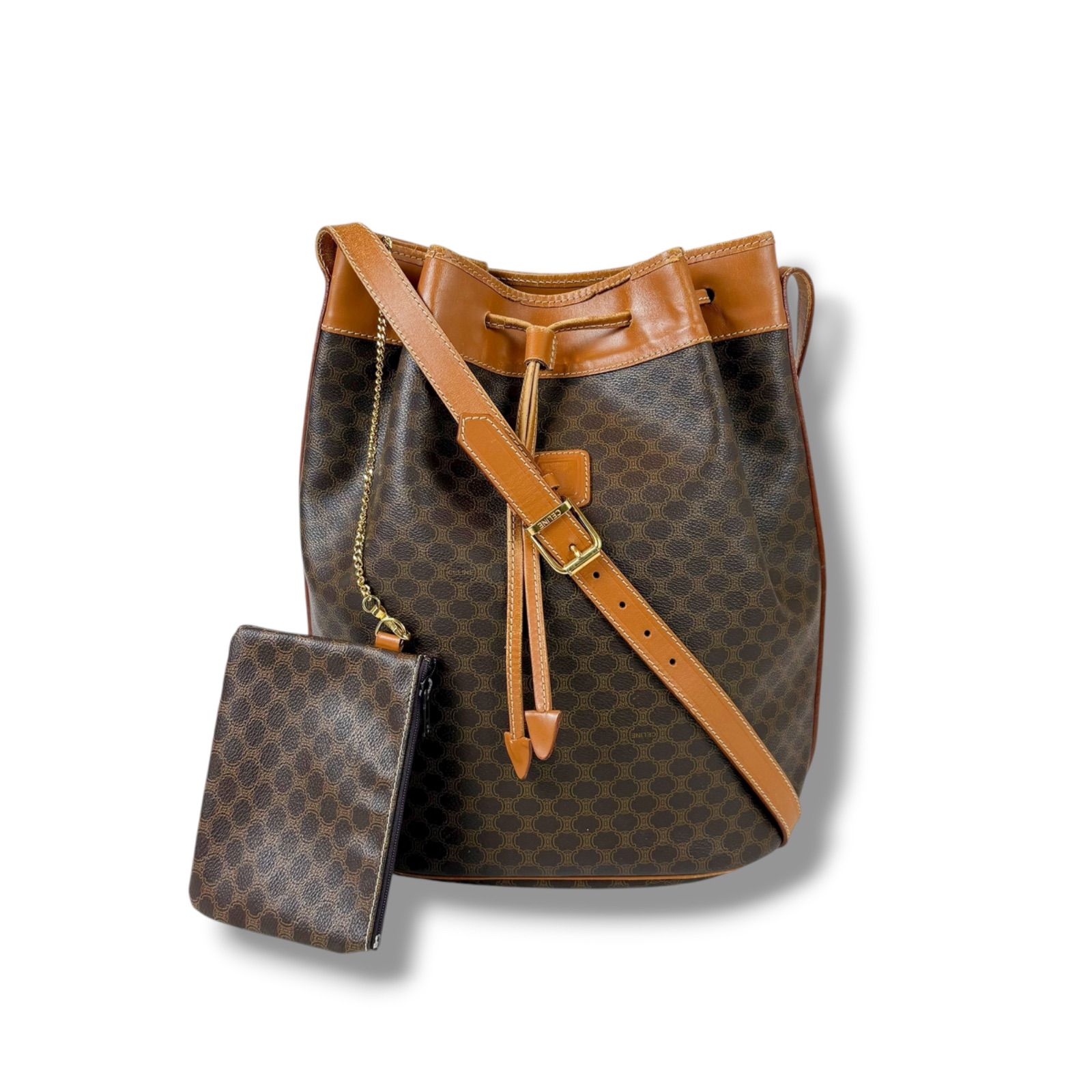 【超美品】CELINE ブラウン マカダム柄 巾着ポーチ セリーヌ CELINE 巾着型 ショルダーバッグ ポーチ付き ブラウン