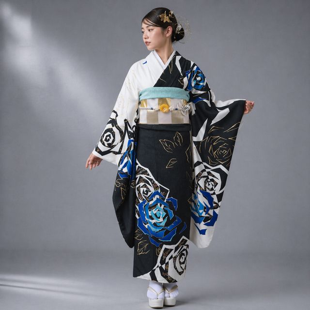 特選 振袖 着物 中古 成人式 結婚式 PRINCESS ラインストーン 薔薇 白色 黒色 青系色 金 身丈166cm 裄67cm L トール きもの北條 A1360-2