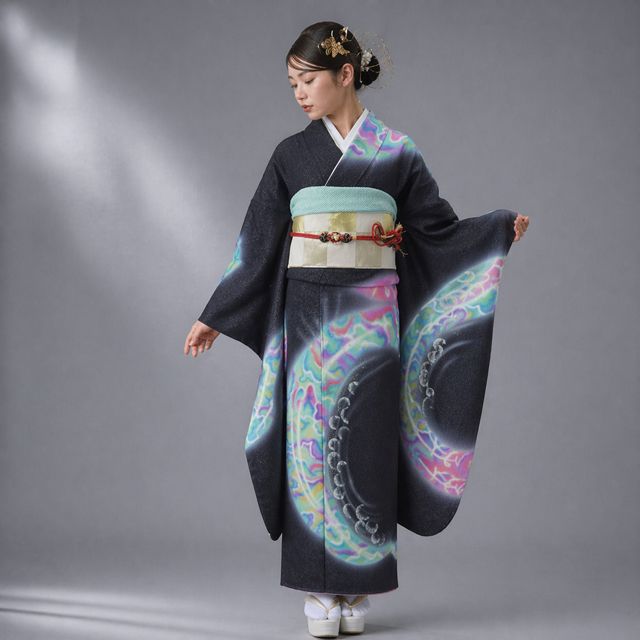 特選 振袖 着物 中古 成人式 結婚式 正絹 円弧模様 ラインストーン 銀通し 黒色 多色 金銀 身丈166cm 裄71cm L トール きもの北條 A1360-3