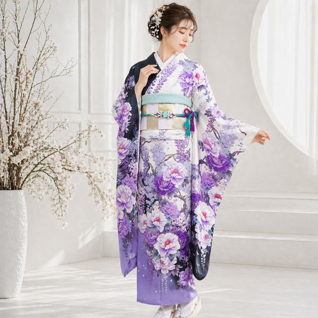 振袖 着物 中古 成人式 結婚式 正絹 花の図 藤 牡丹 銀通し 白色 黒色
